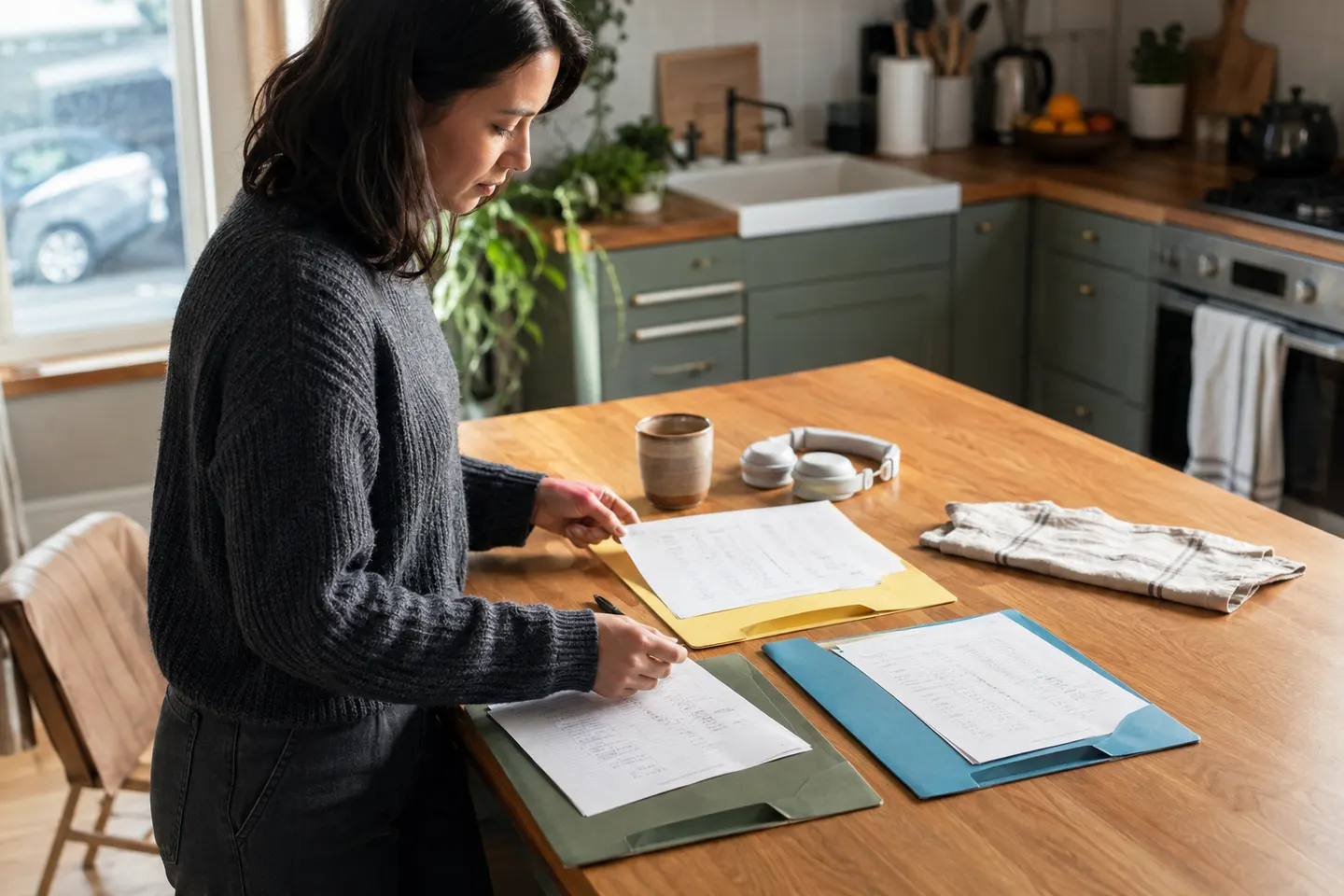 Adult learner sorting JLPT practice pages into focused review folders at a kitchen table