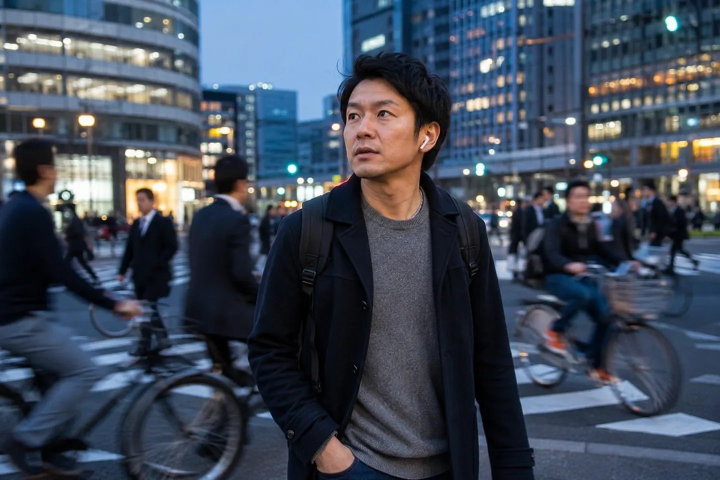 Adult commuter using earphones while following spoken Japanese in a busy evening crossing