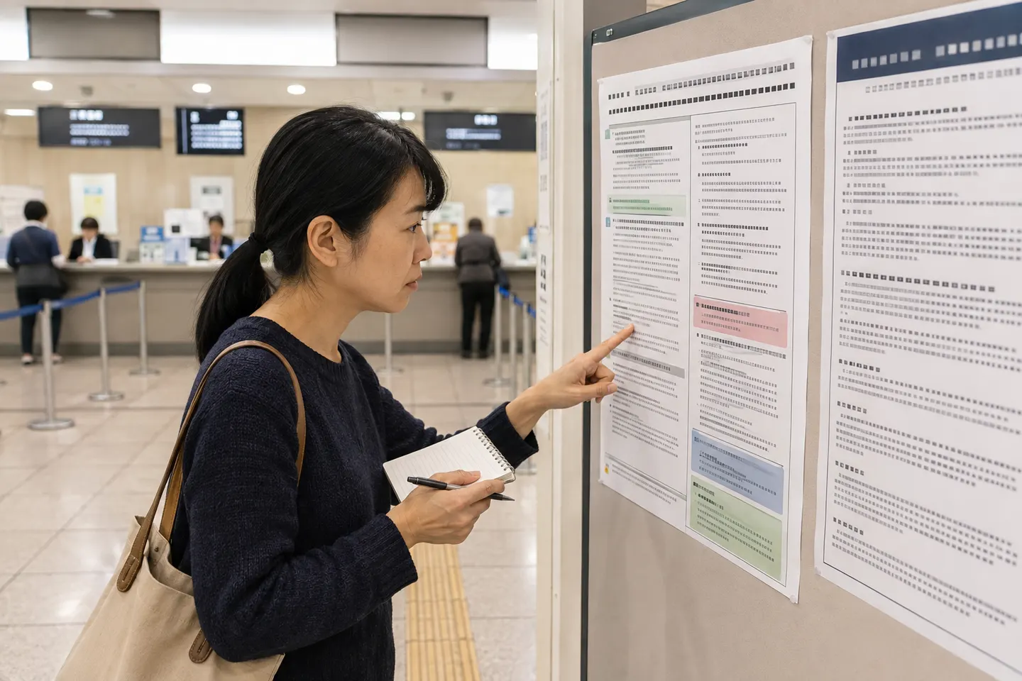 Adult learner reading a detailed practical notice on a Japanese public information board