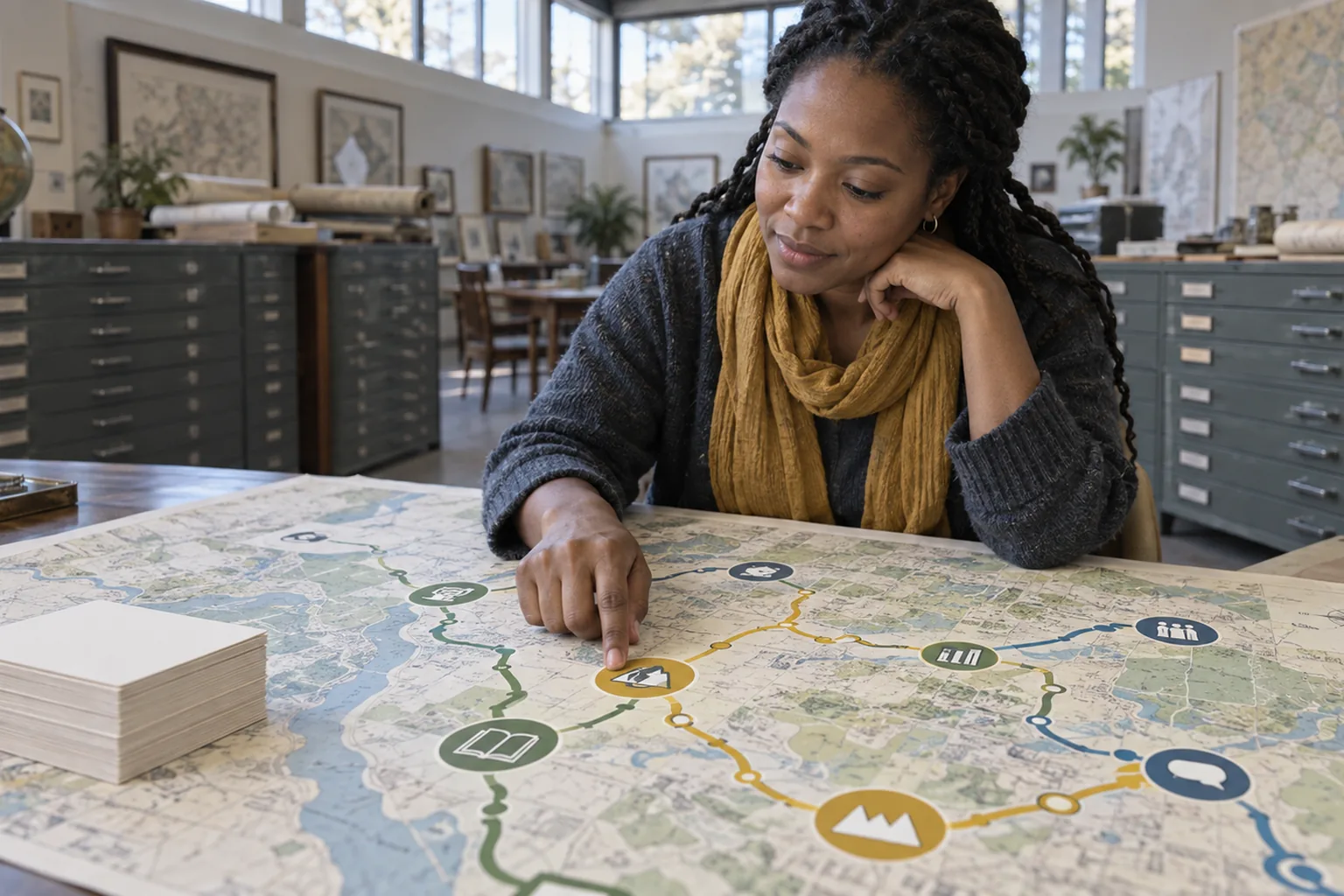 Adult learner tracing a broad task route on a map while a stack of uniform blank cards remains to the side