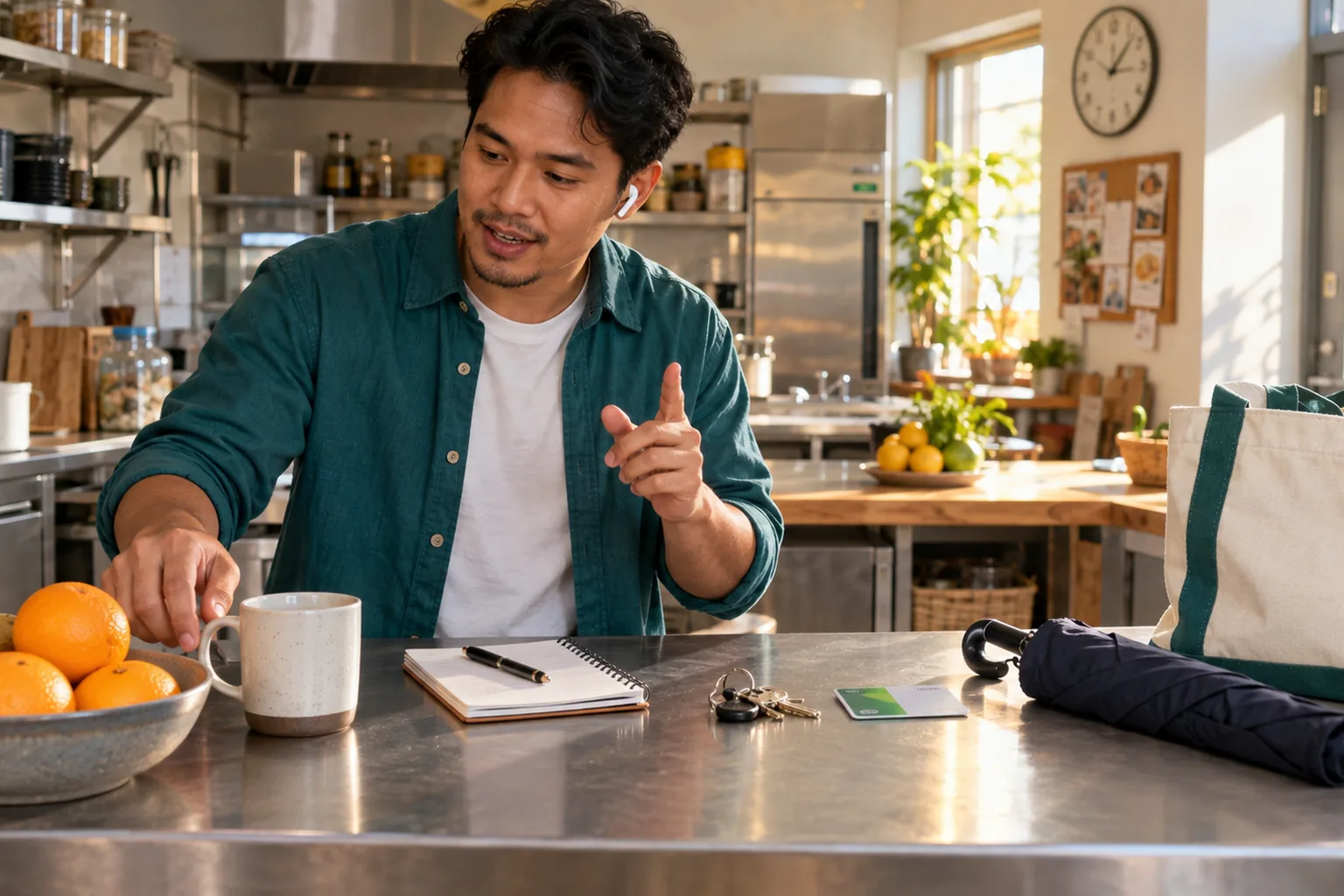 Adult learner in a community kitchen grouping everyday objects into a spoken morning routine