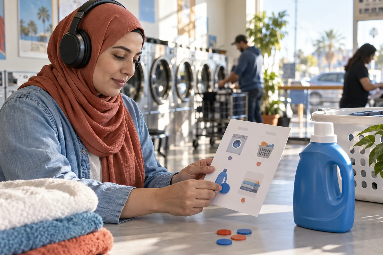 Adult learner in a bright laundromat matching a short audio cue and an illustrated notice to an everyday object