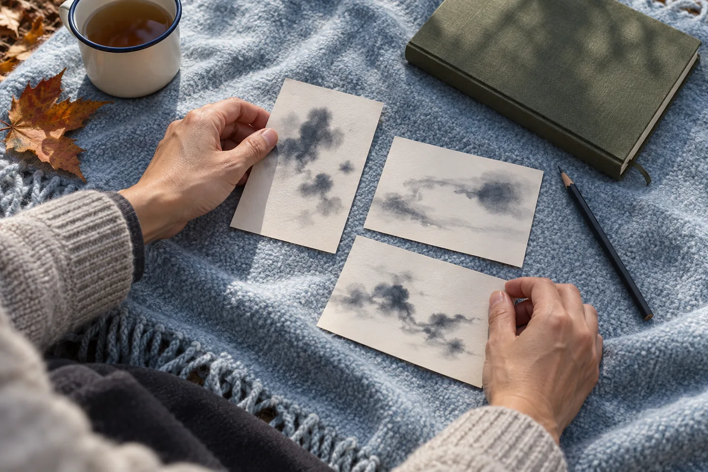 Mains regroupant des cartes crème aux marques d’encre floues sur une couverture bleue près d’un carnet et d’un crayon