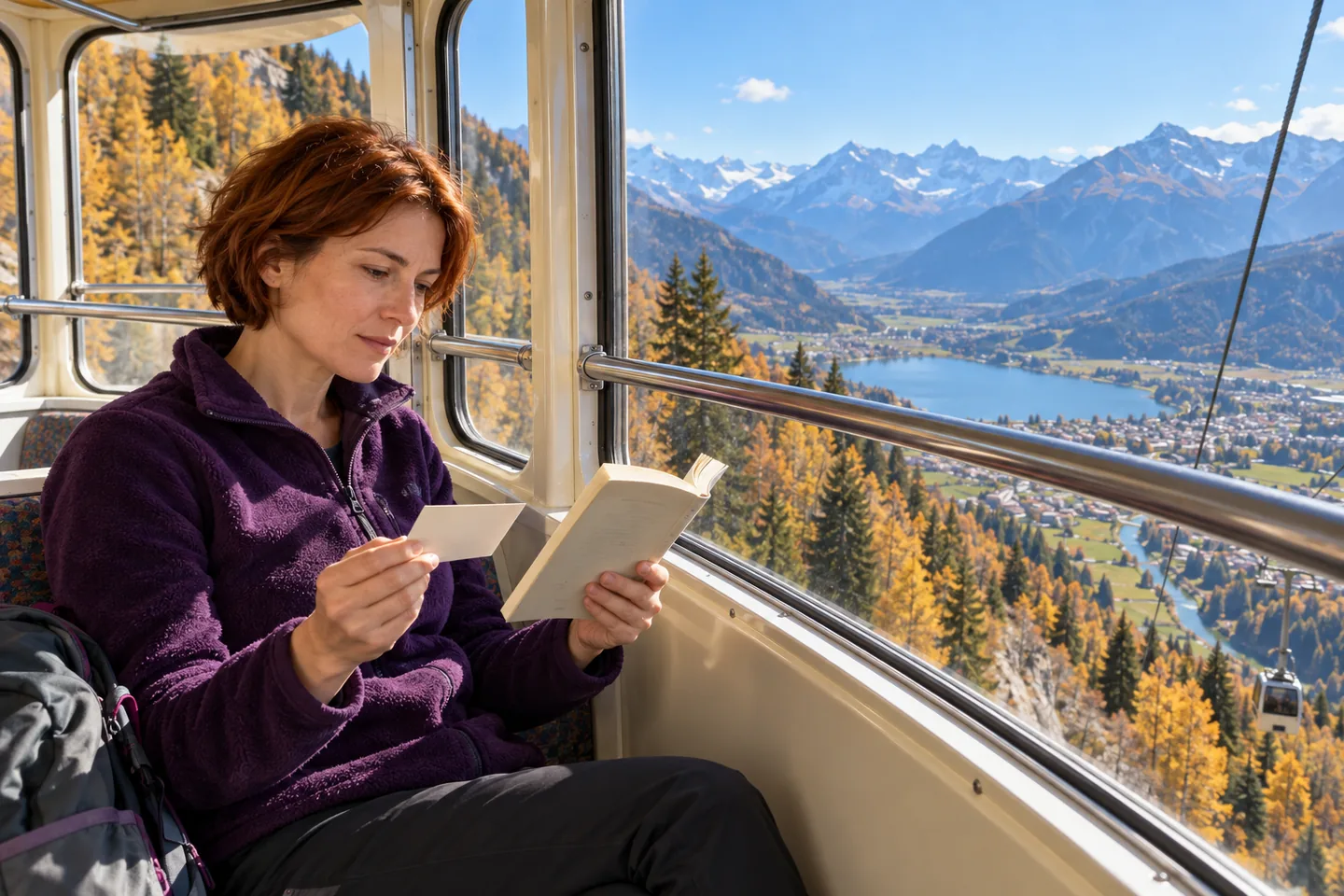 Européenne en polaire violette comparant un livre et une carte dans un téléphérique au-dessus d’une vallée automnale