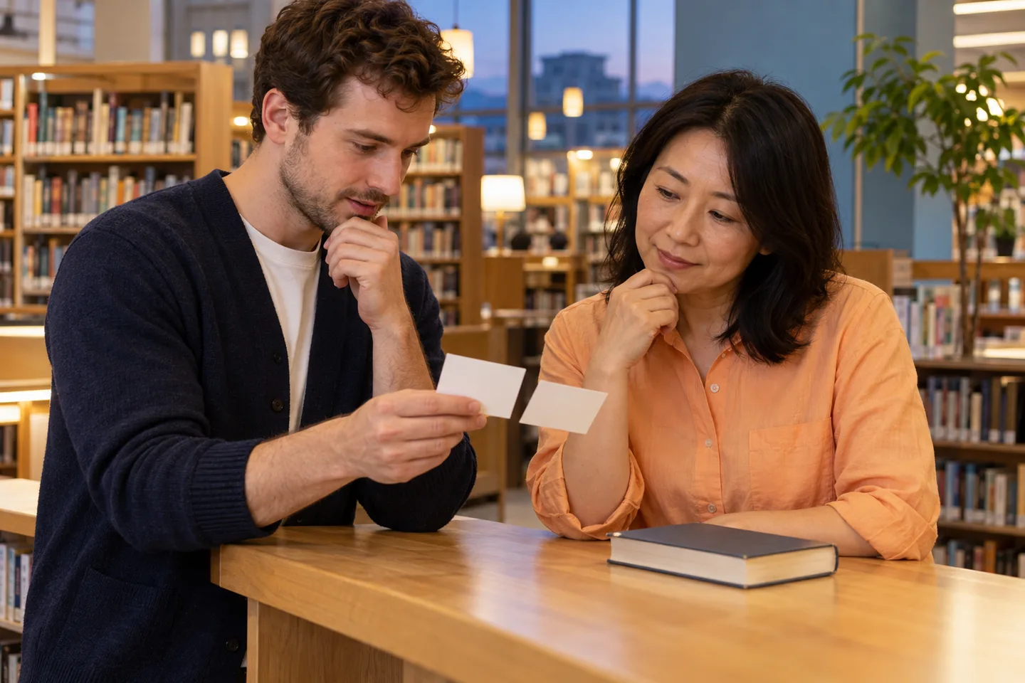 Européen et femme est-asiatique comparant deux cartes crème au comptoir d’une bibliothèque