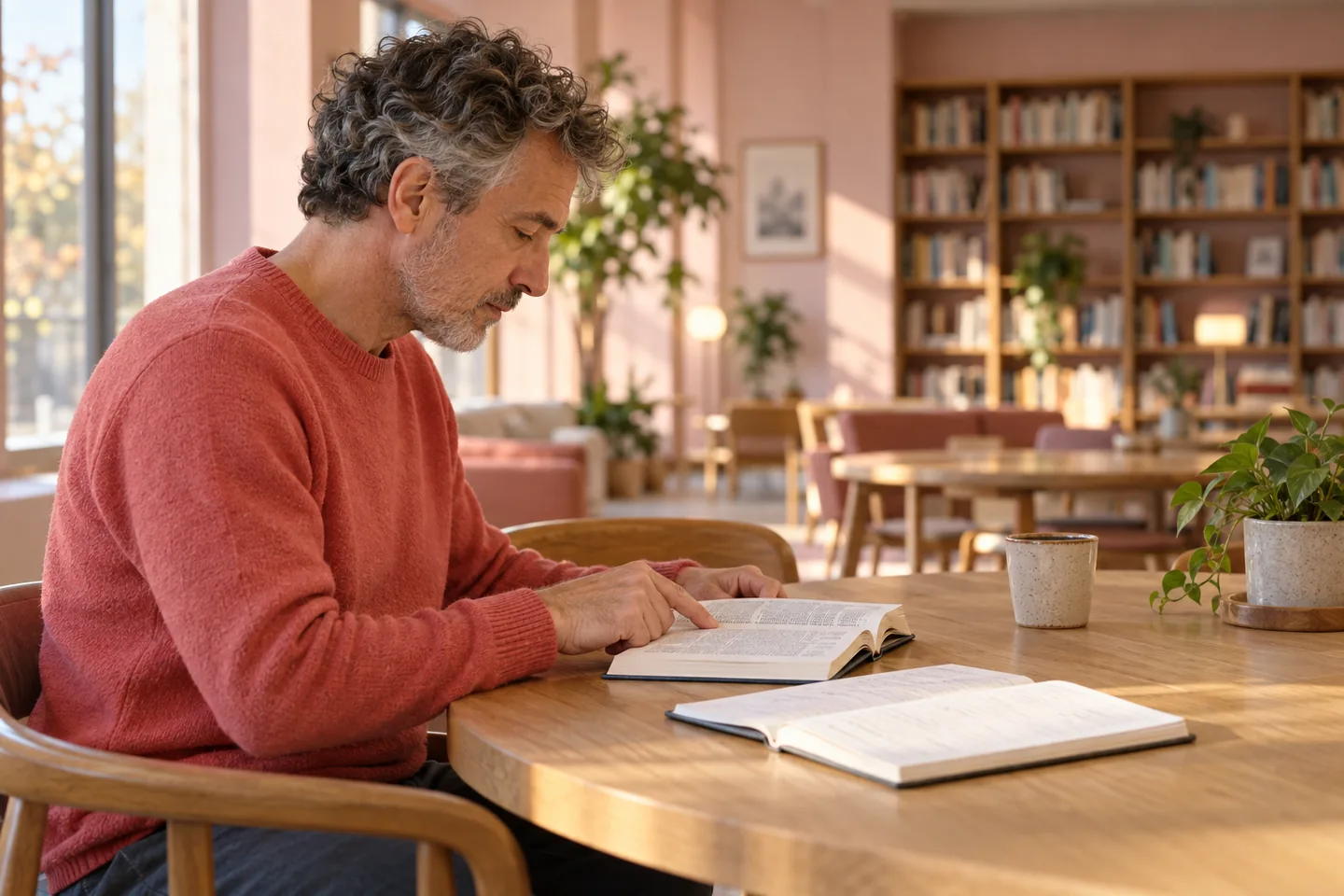 Européen en pull corail consultant un ouvrage de référence dans une salle de lecture rose