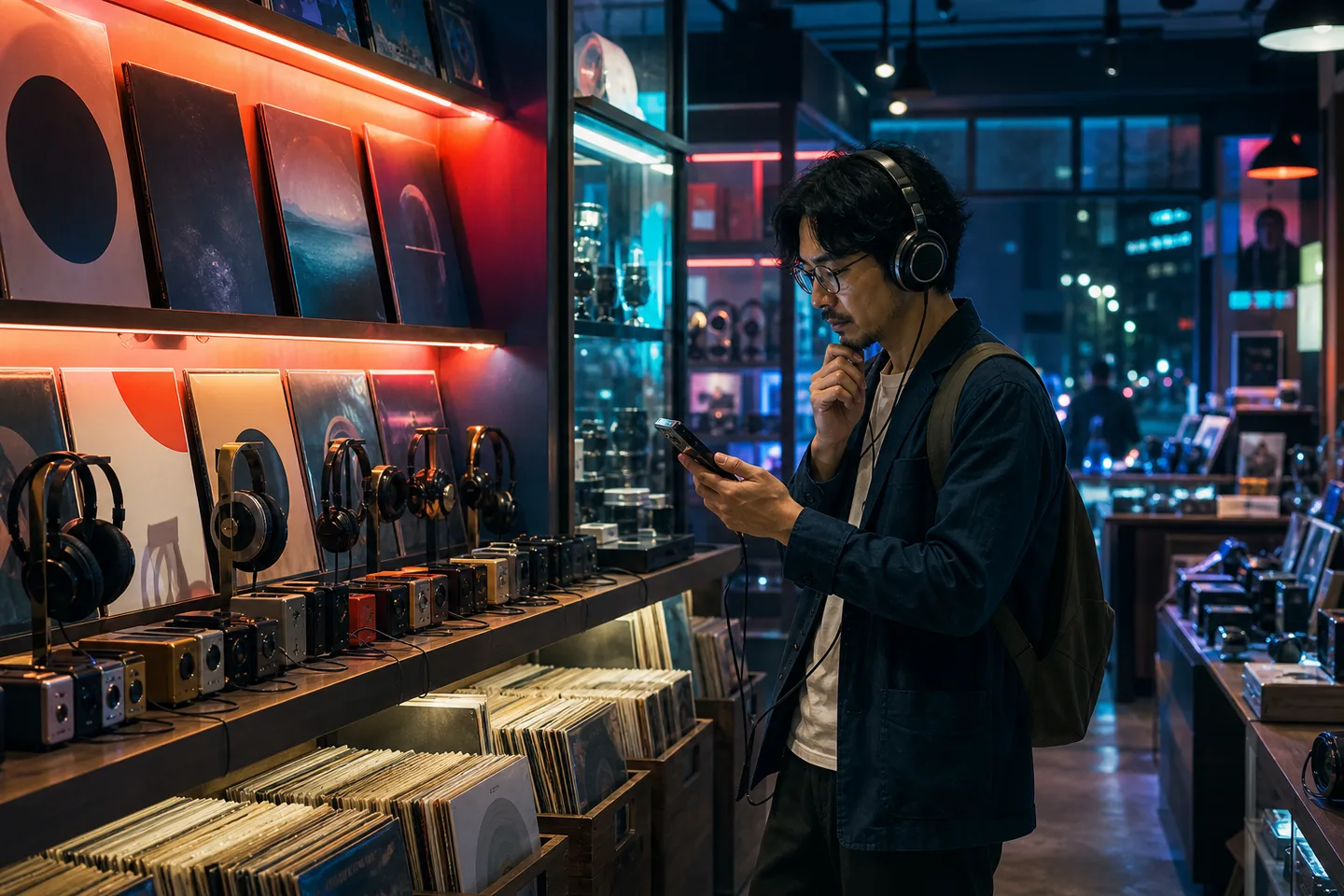 Adult learner listening to modern katakana loanword sounds among headphones and electronics in an evening shop