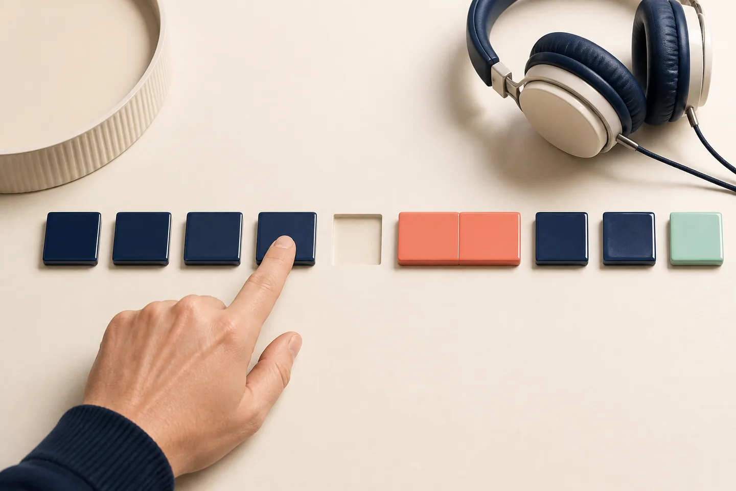Adult hand tapping square rhythm counters with a double unit and a silent gap to practise katakana mora timing