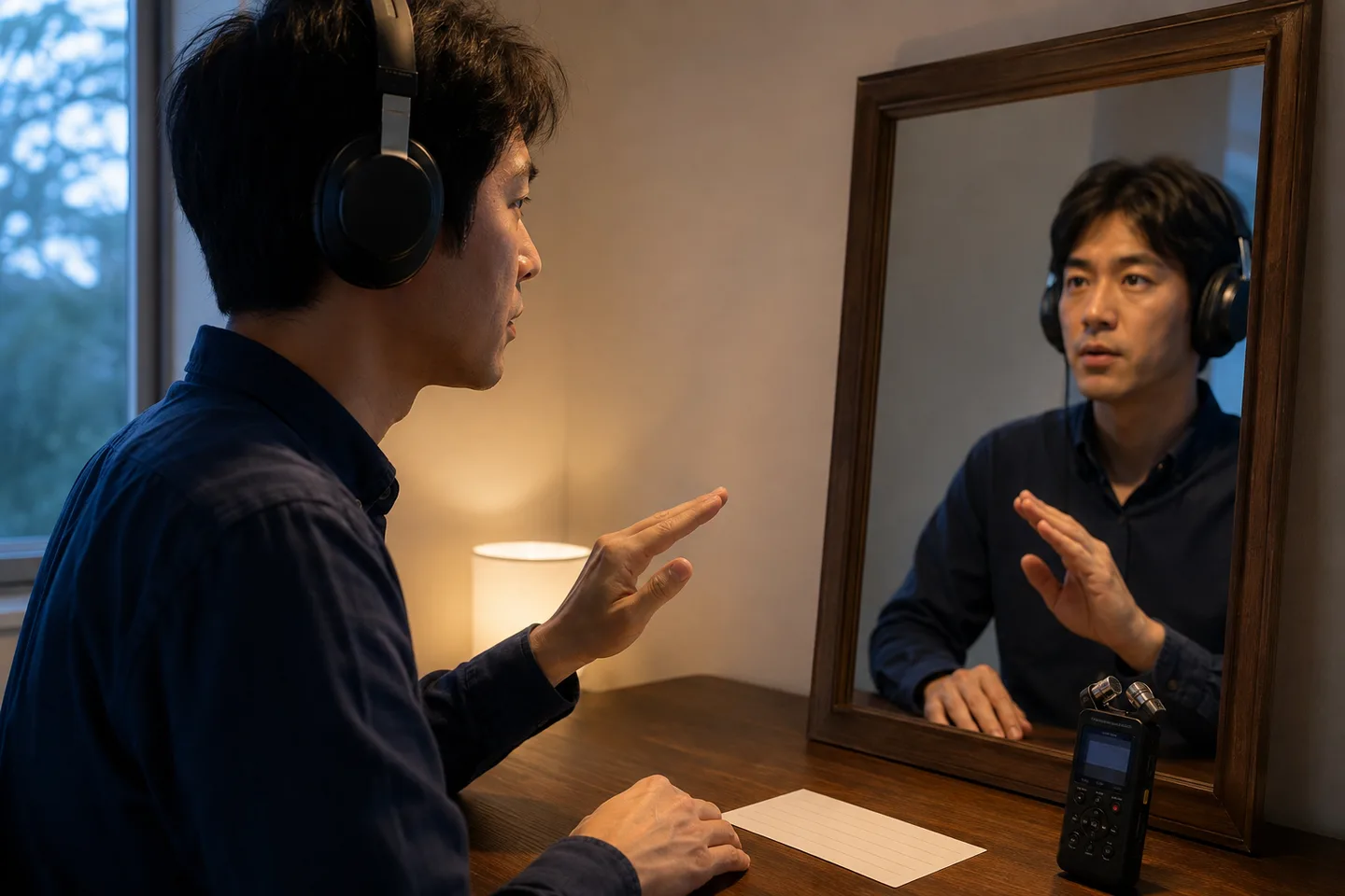 Adult learner using a mirror, headphones and a silent hand beat to practise the consonant closure written with small katakana tsu