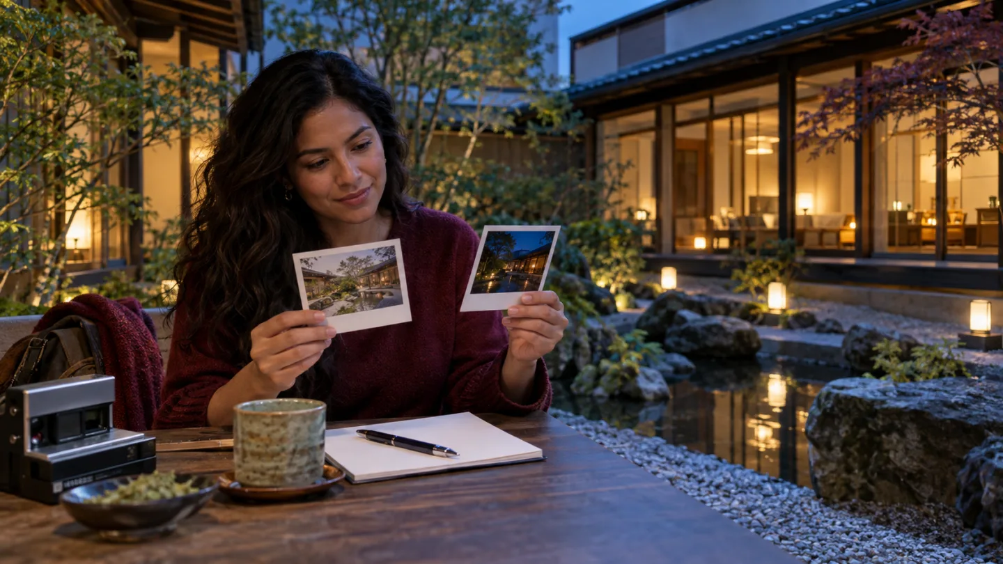 Traveler in a quiet courtyard comparing daytime and evening photographs while taking notes
