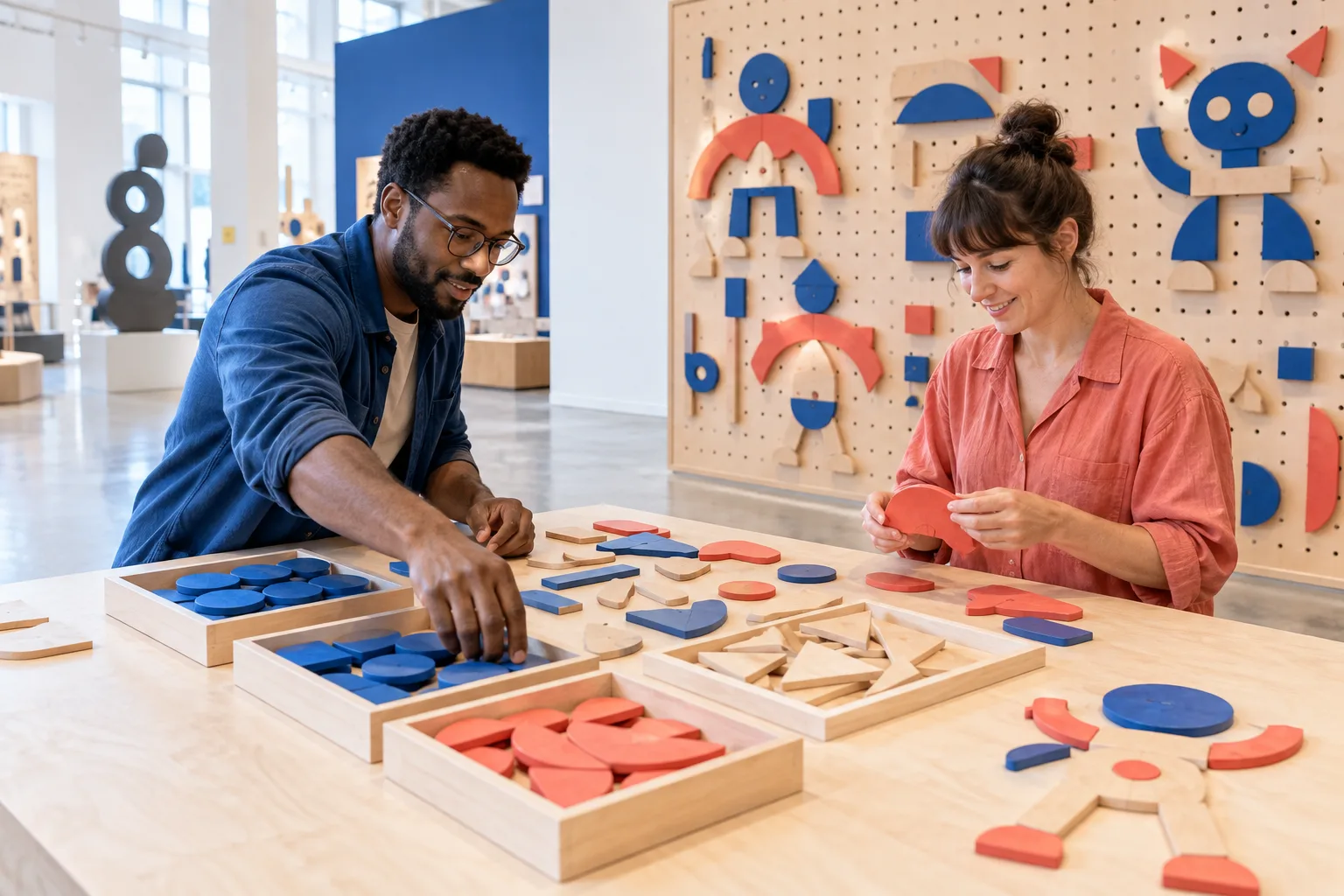 Two adult learners sorting wooden component shapes into contrasting structural families