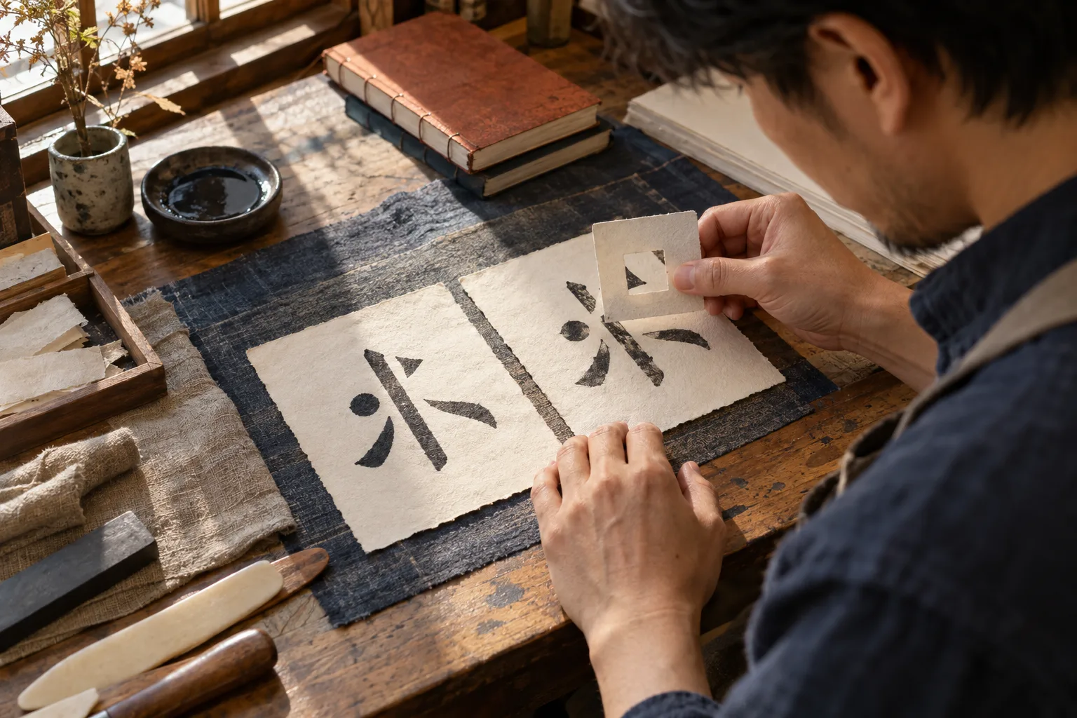 Learner using a small paper window to isolate the distinguishing detail between two abstract ink forms