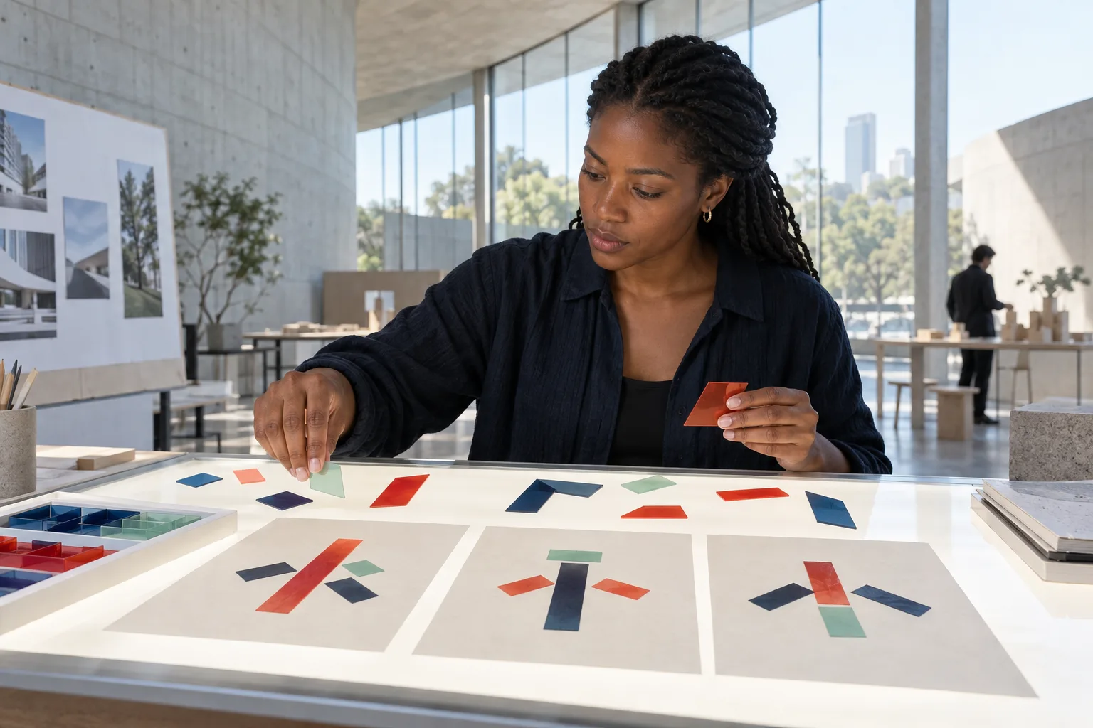 Adult learner arranging colored component tiles on a light table to compare similar kanji structures