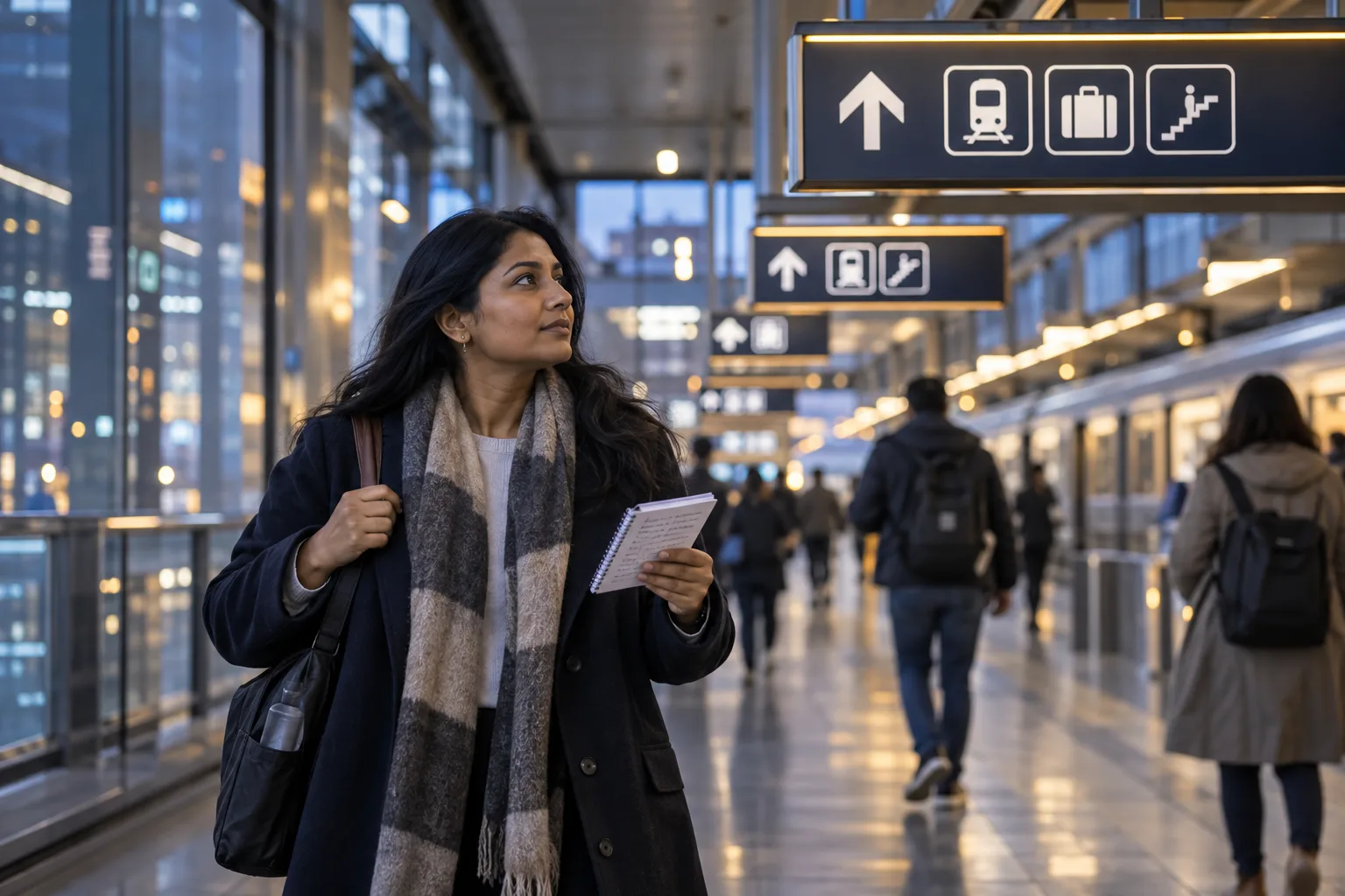 Adult learner checking visual-form notes while practising recognition in a modern station concourse