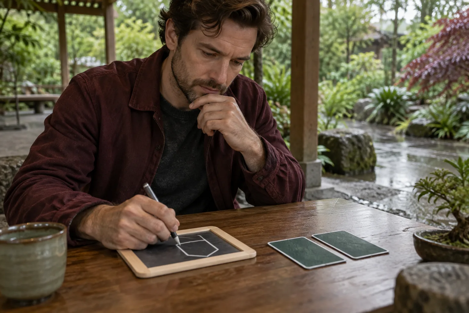 Adult learner drawing a remembered visual form on a slate while two reference cards remain face down