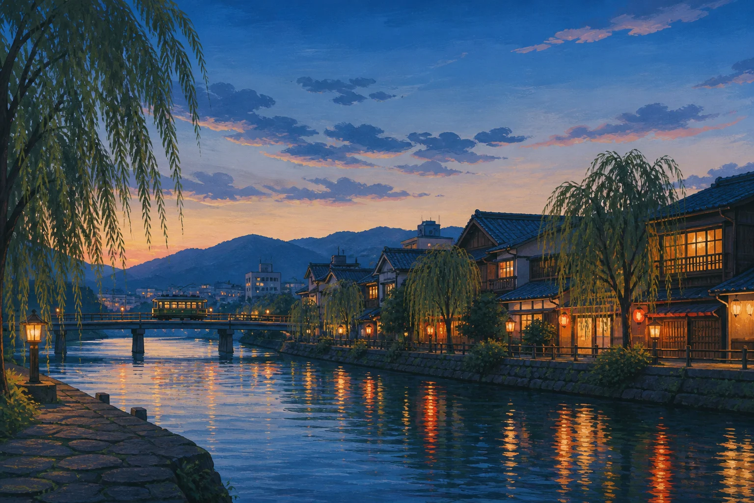 Kyoto riverside at blue hour with a small tram, lantern reflections and traditional townhouses