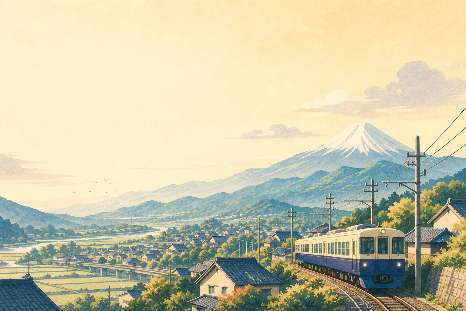 A local Japanese train travelling through a quiet mountain landscape near Mount Fuji