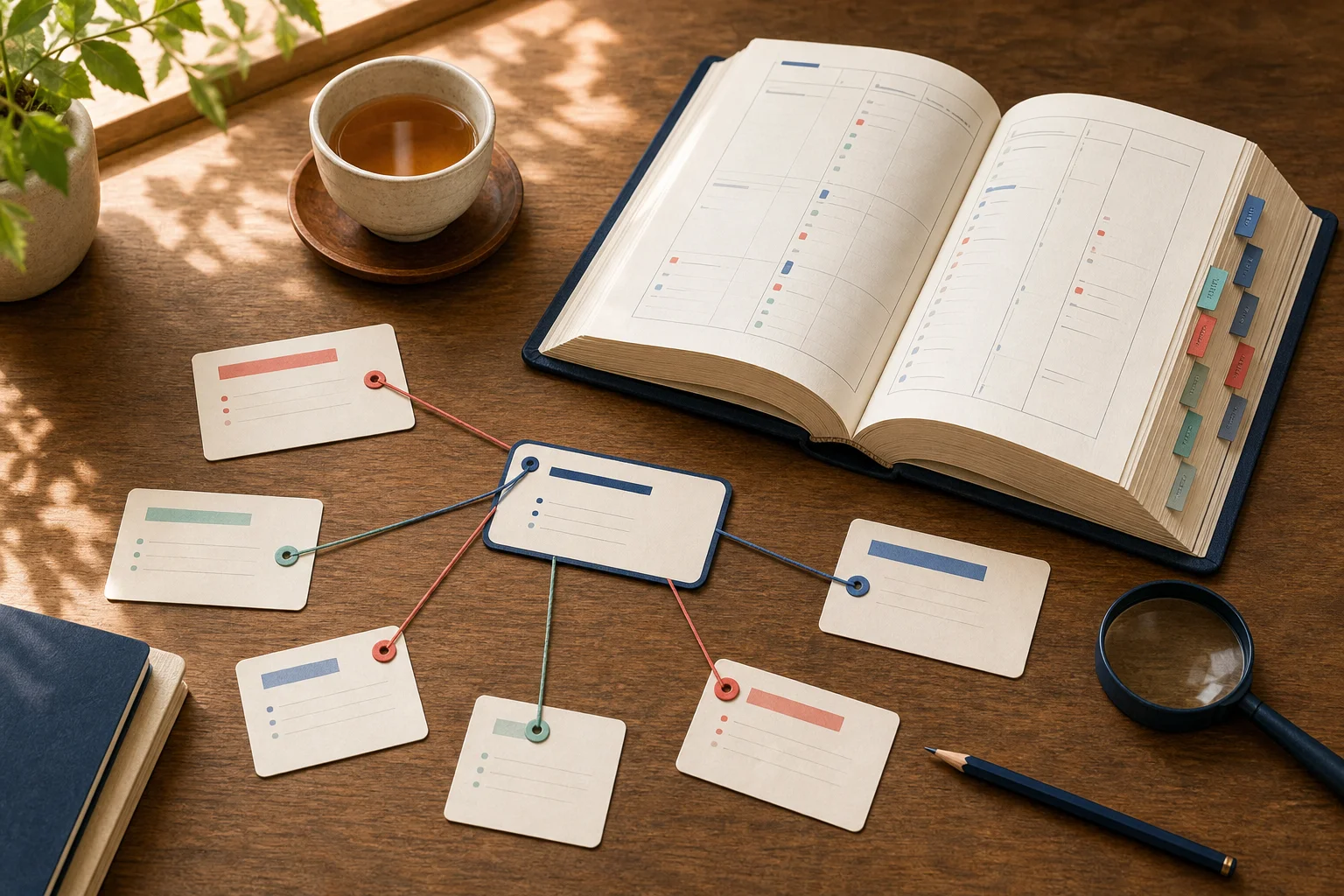Japanese reference dictionary with connected word cards, index tabs and magnifying glass