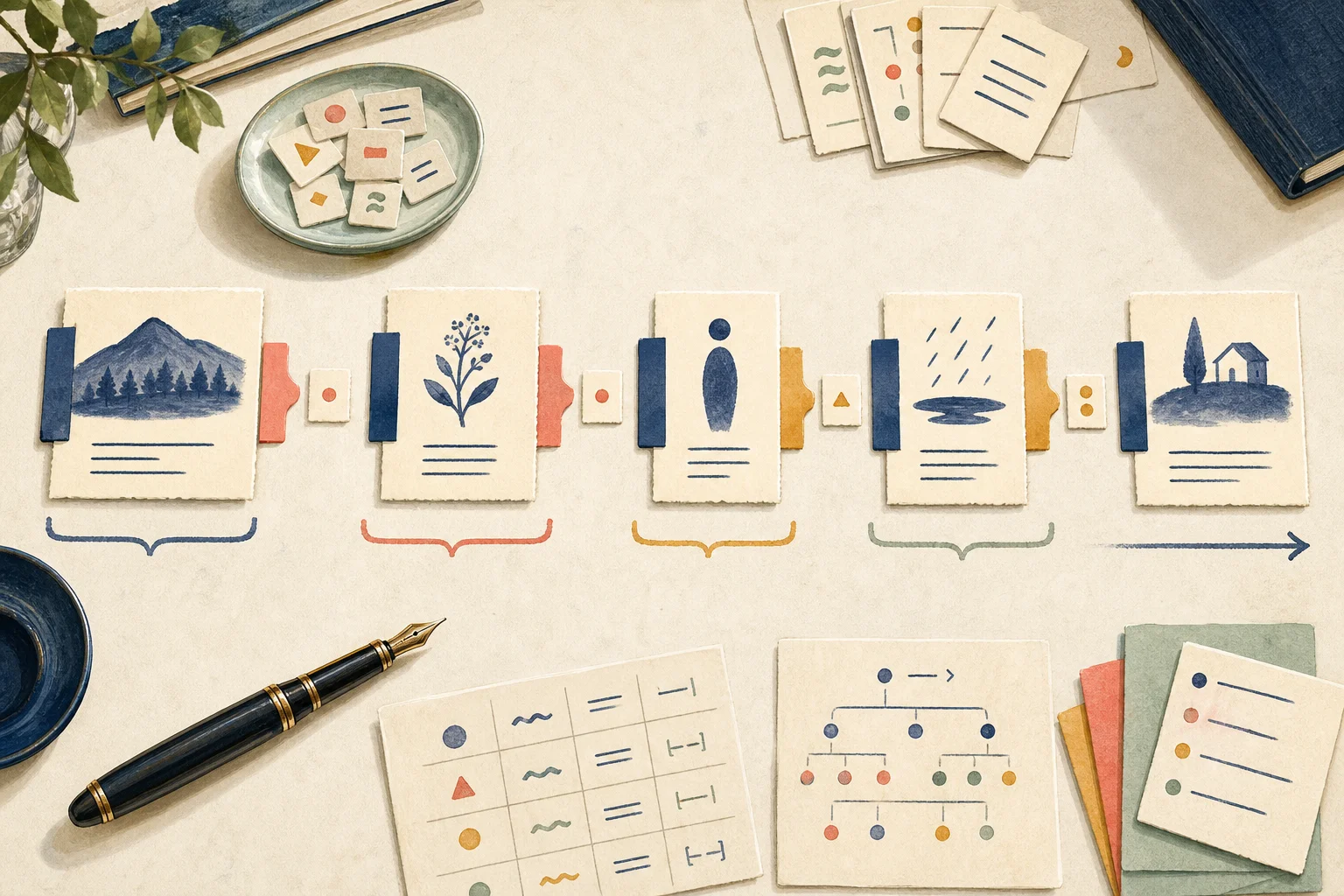 Japanese sentence workspace with kanji word cards and colored connectors