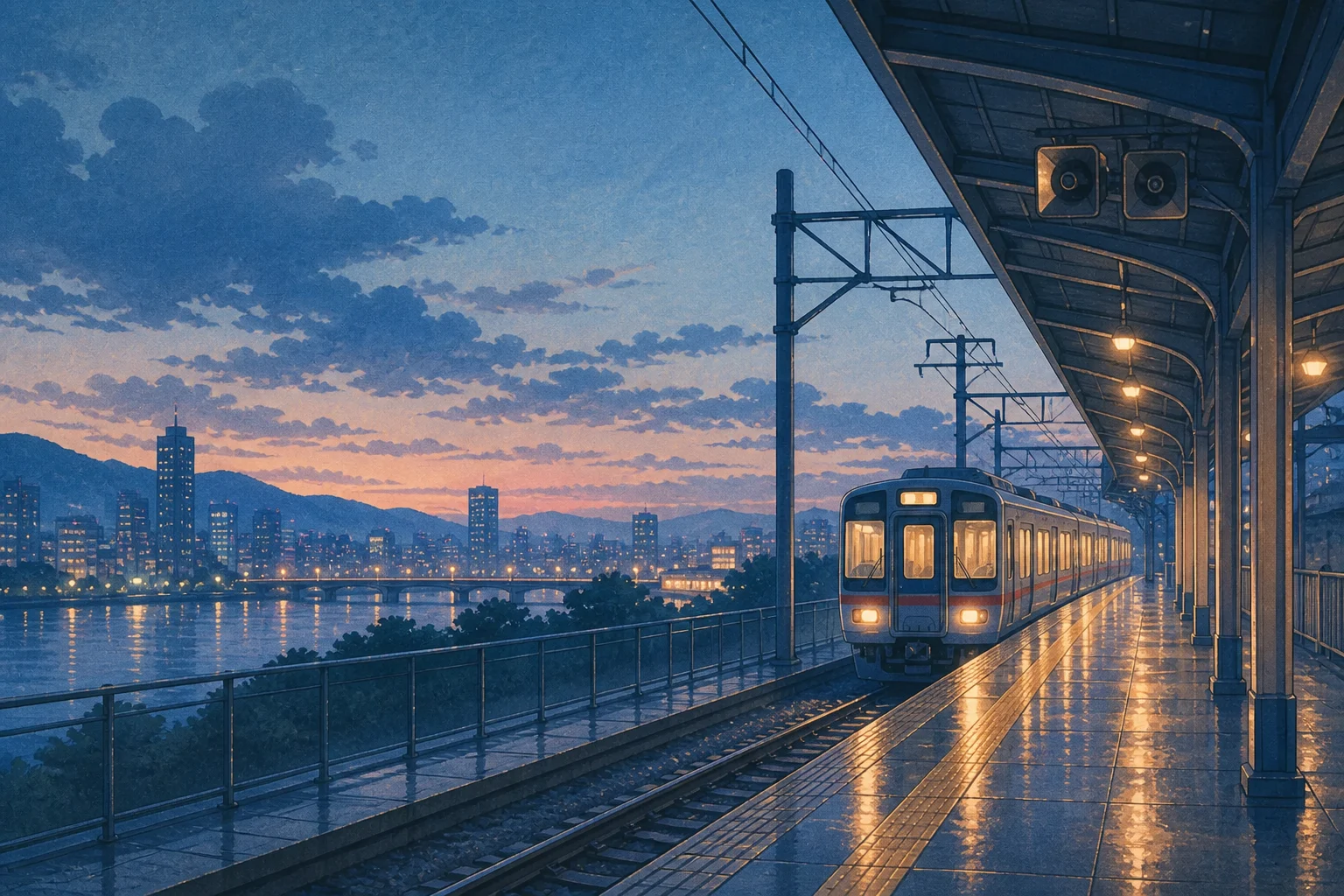 A Japanese commuter train arriving at a rain-wet platform at blue hour