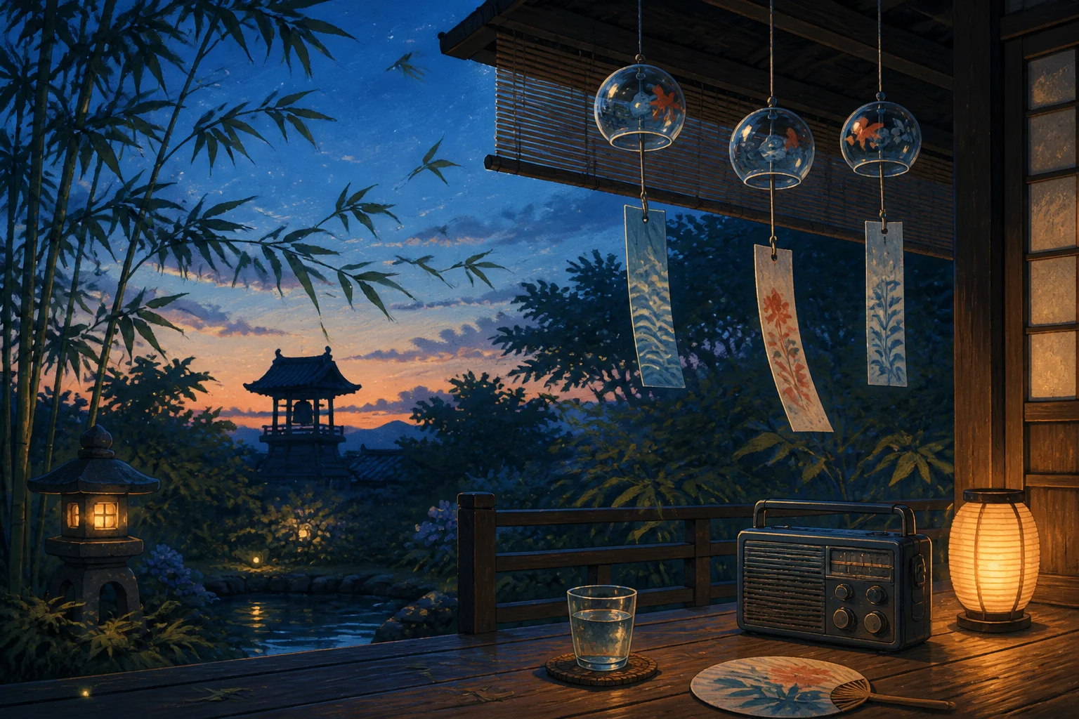 A quiet Japanese evening soundscape with wind chimes and a radio, representing focused Japanese listening practice