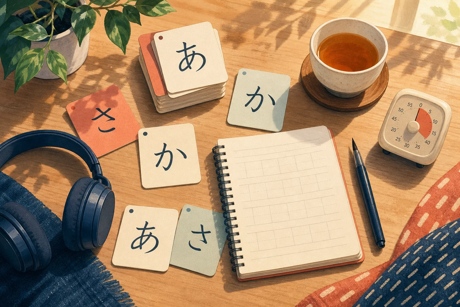 Japanese practice desk with kana cards, headphones, notebook and timer