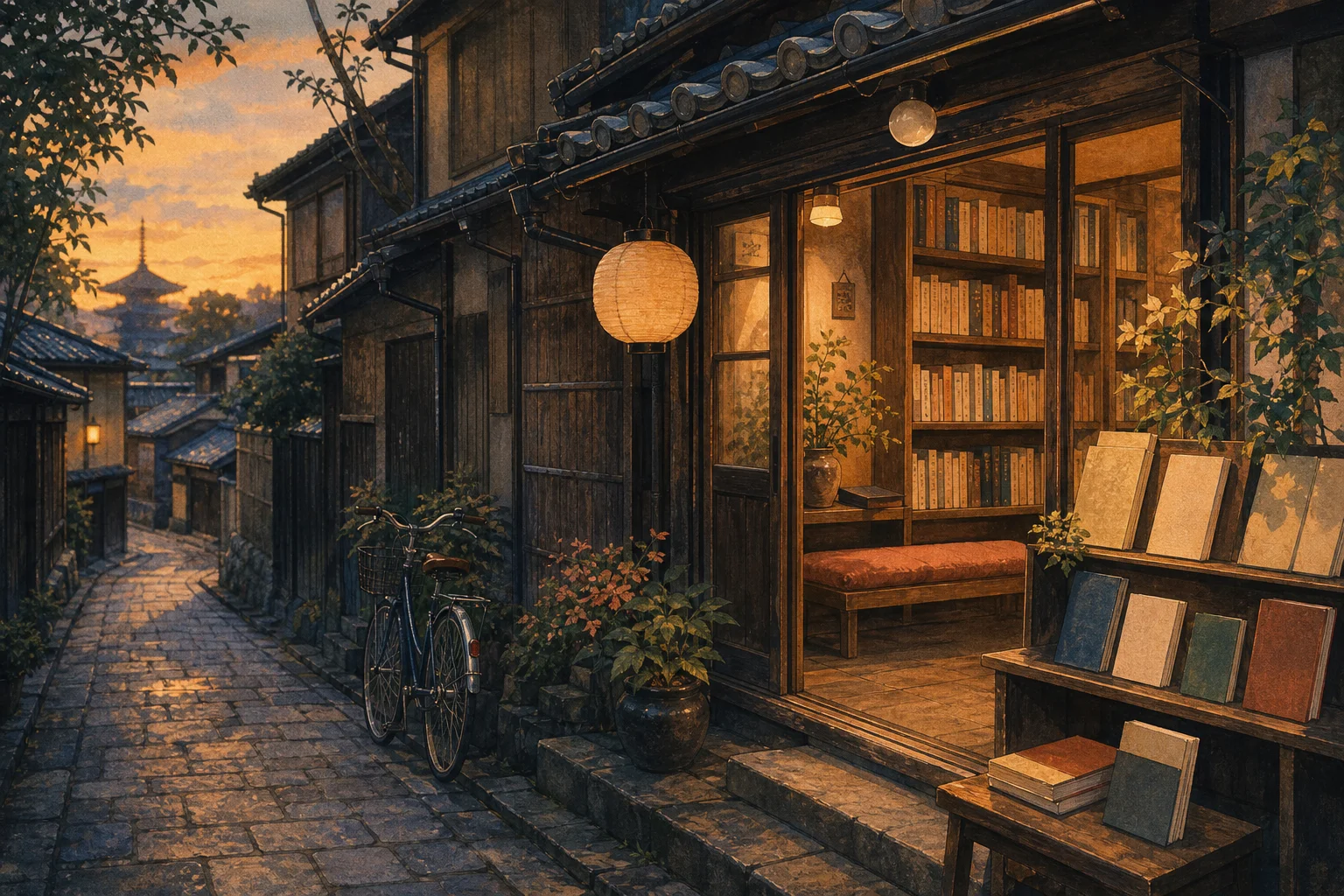 A quiet Japanese bookshop in a traditional Kyoto alley