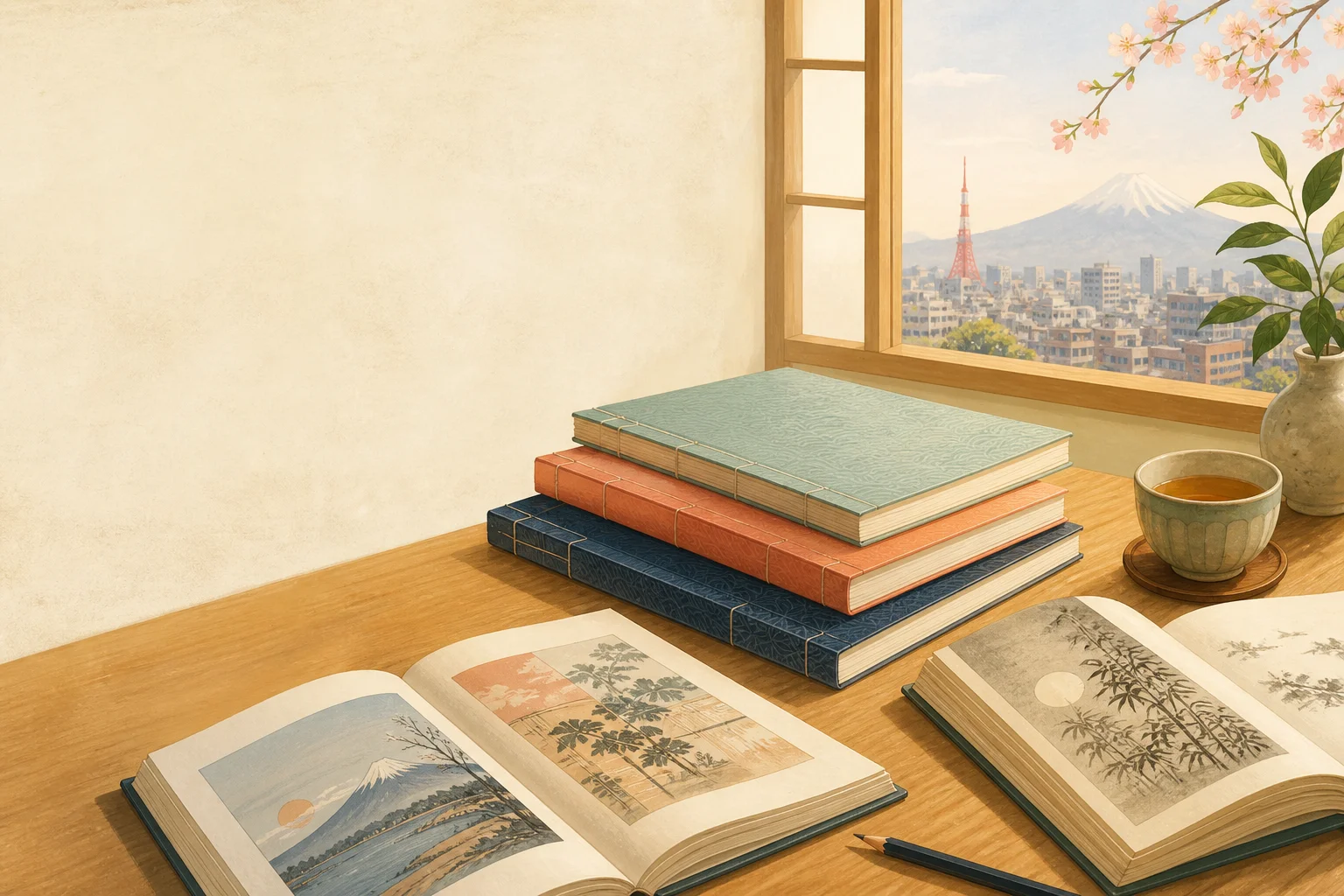 Japanese study books arranged beside a window overlooking a city and Mount Fuji