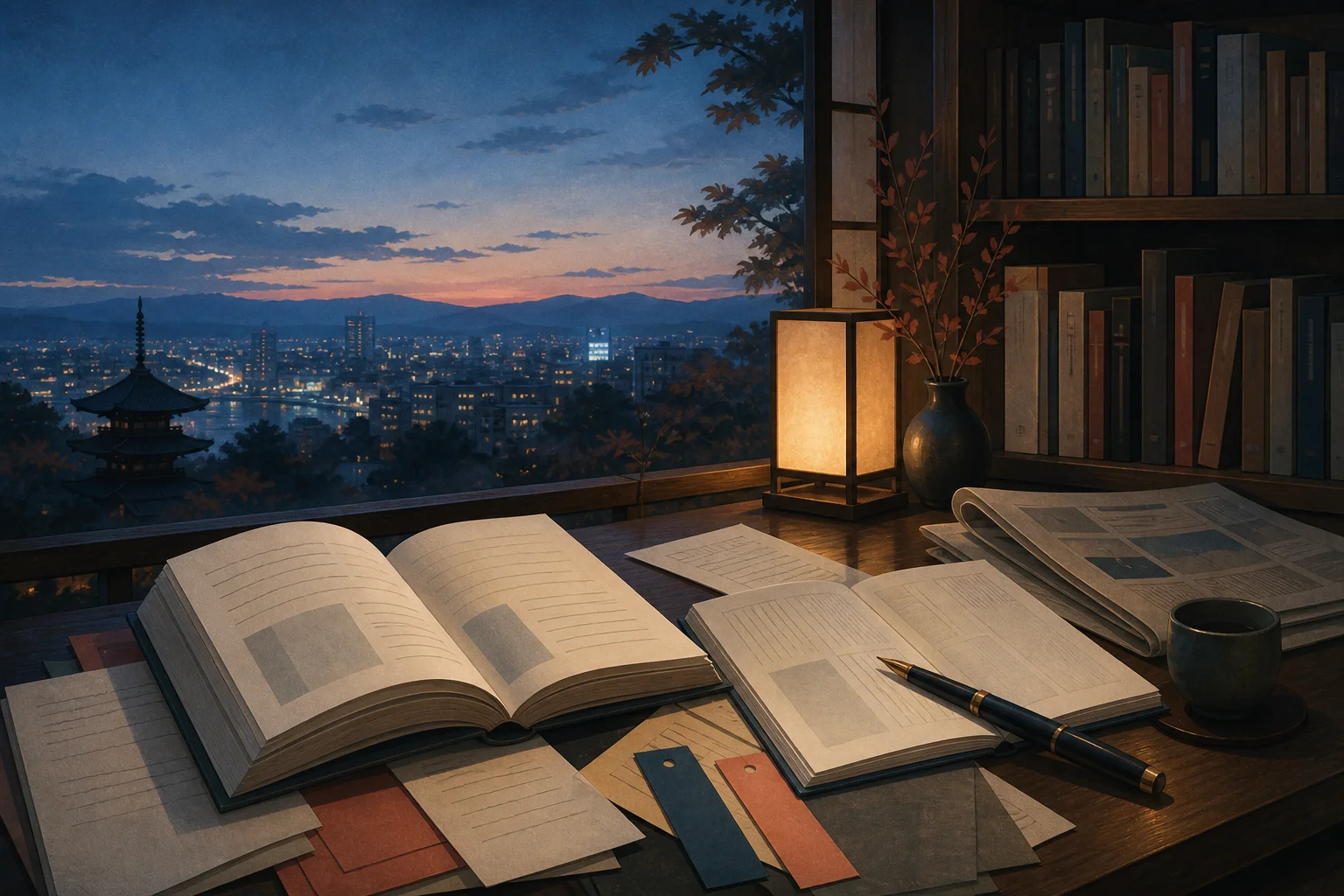 Japanese reading room at blue hour with layered books and notes