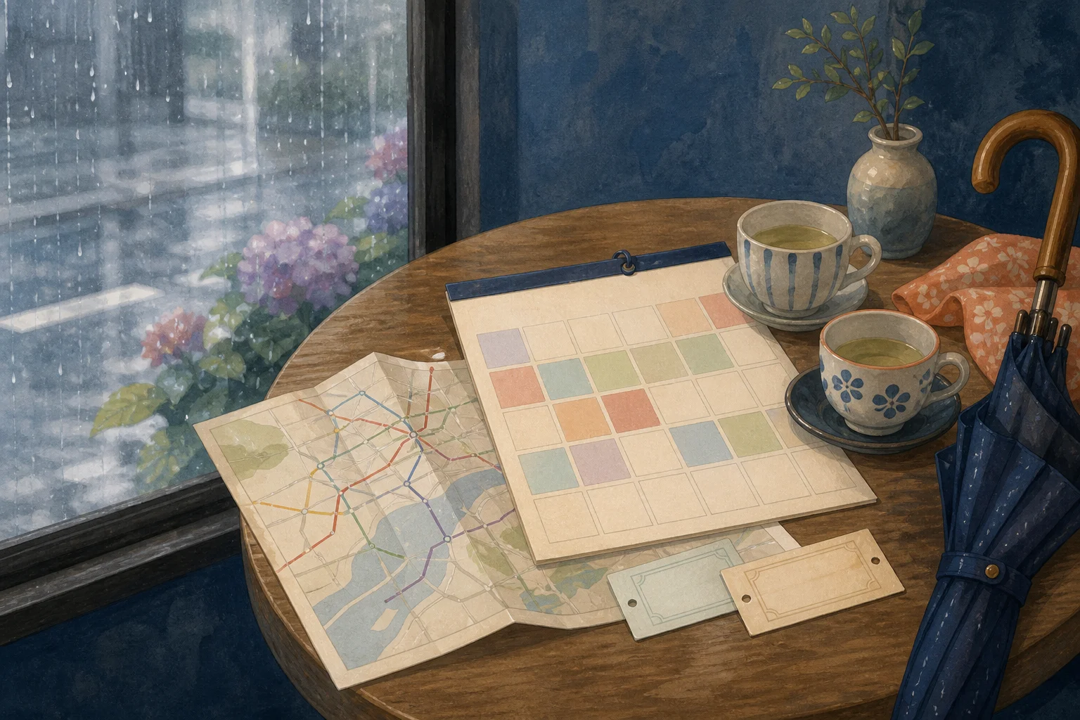 Rainy café table with a calendar, route map, tickets and two cups of tea