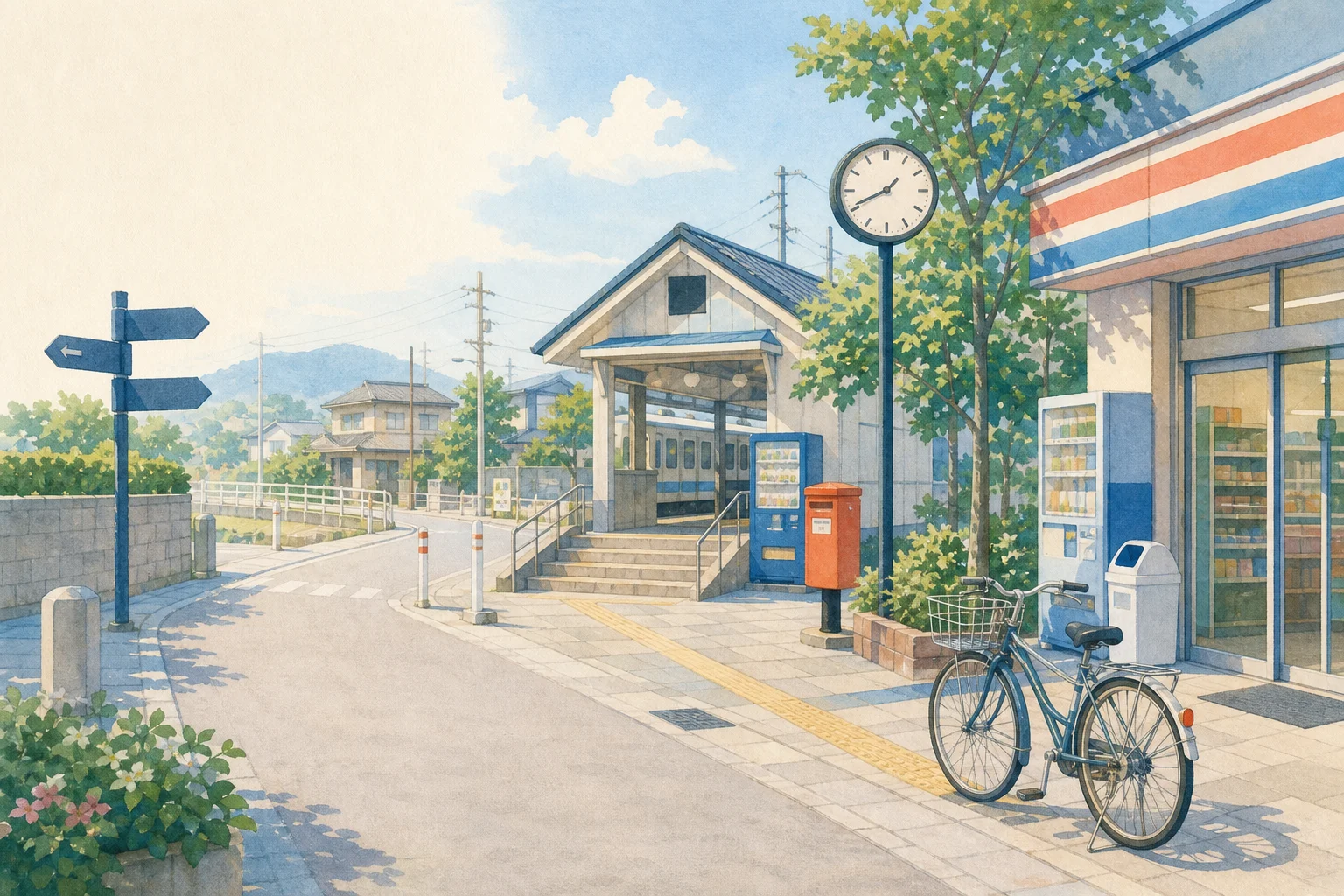 A quiet Japanese neighborhood representing the first stage of a JLPT N5 learning journey