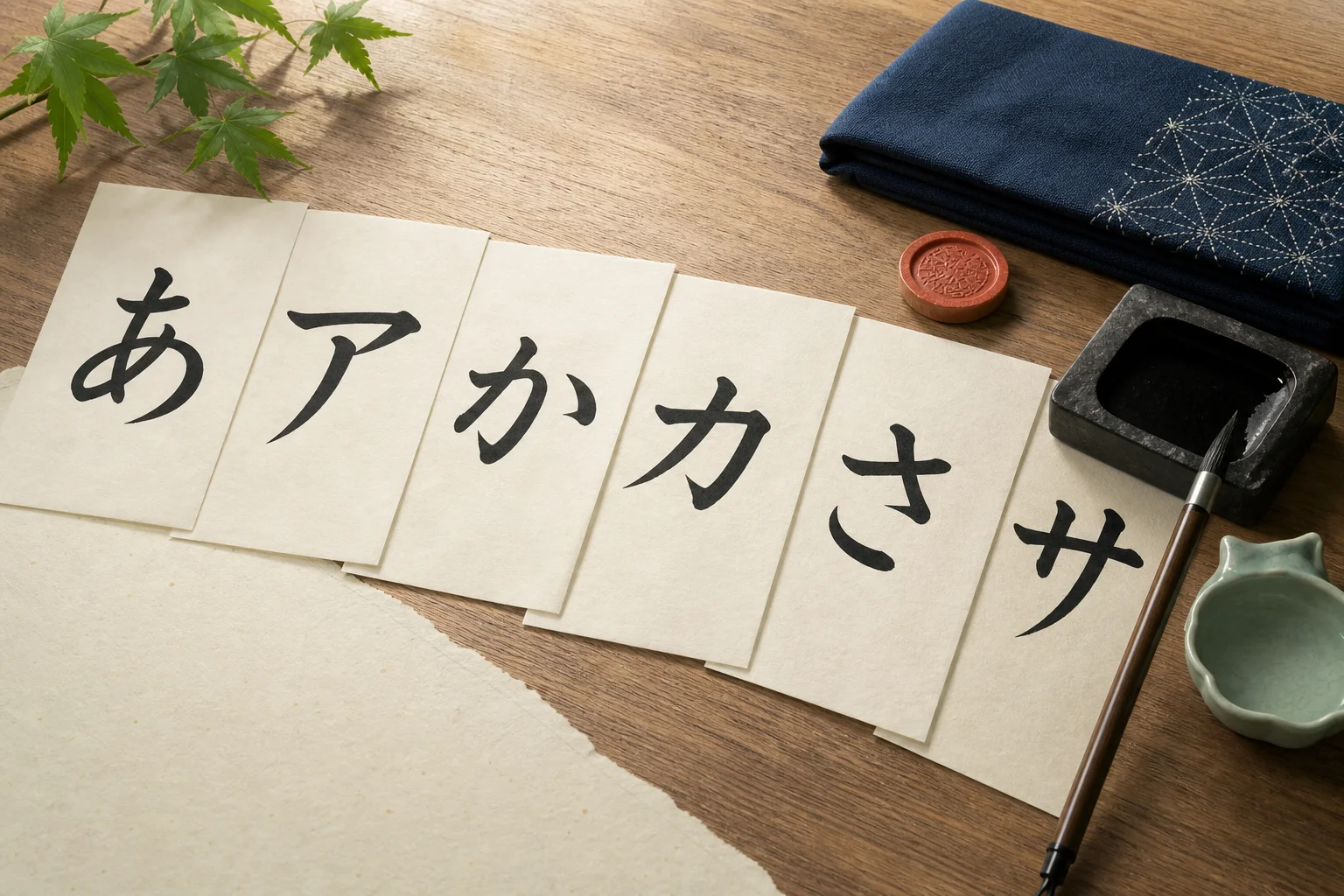 Japanese kana written with a brush beside a focused hiragana study setup
