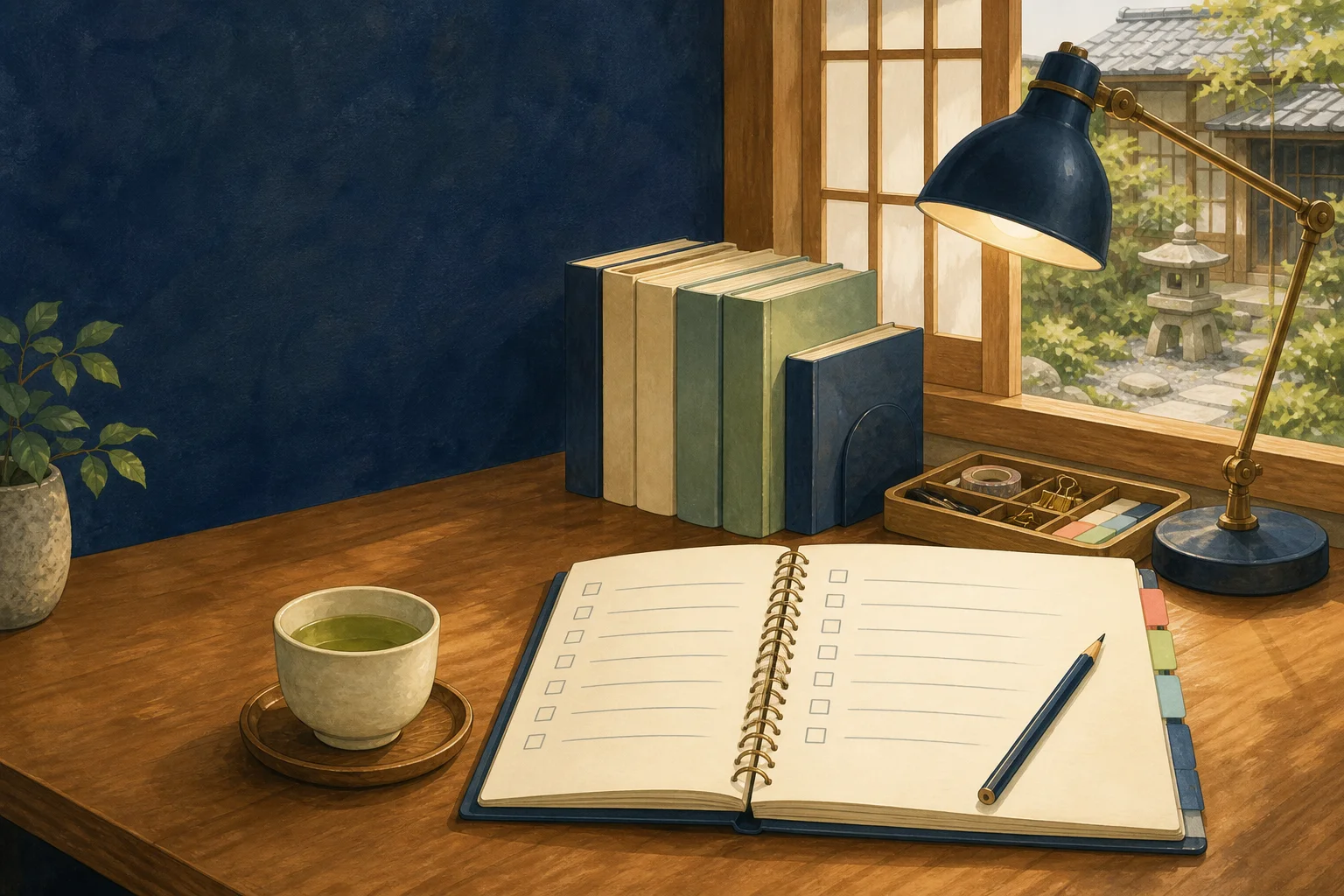 Organised Japanese support desk with reference books and a troubleshooting checklist